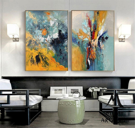 Original Green Abstract Painting Yellow Minimalist Painting Large Abstract Painting Set of 2 Wall Art Set Yellow Minimalist Art Oil Painting