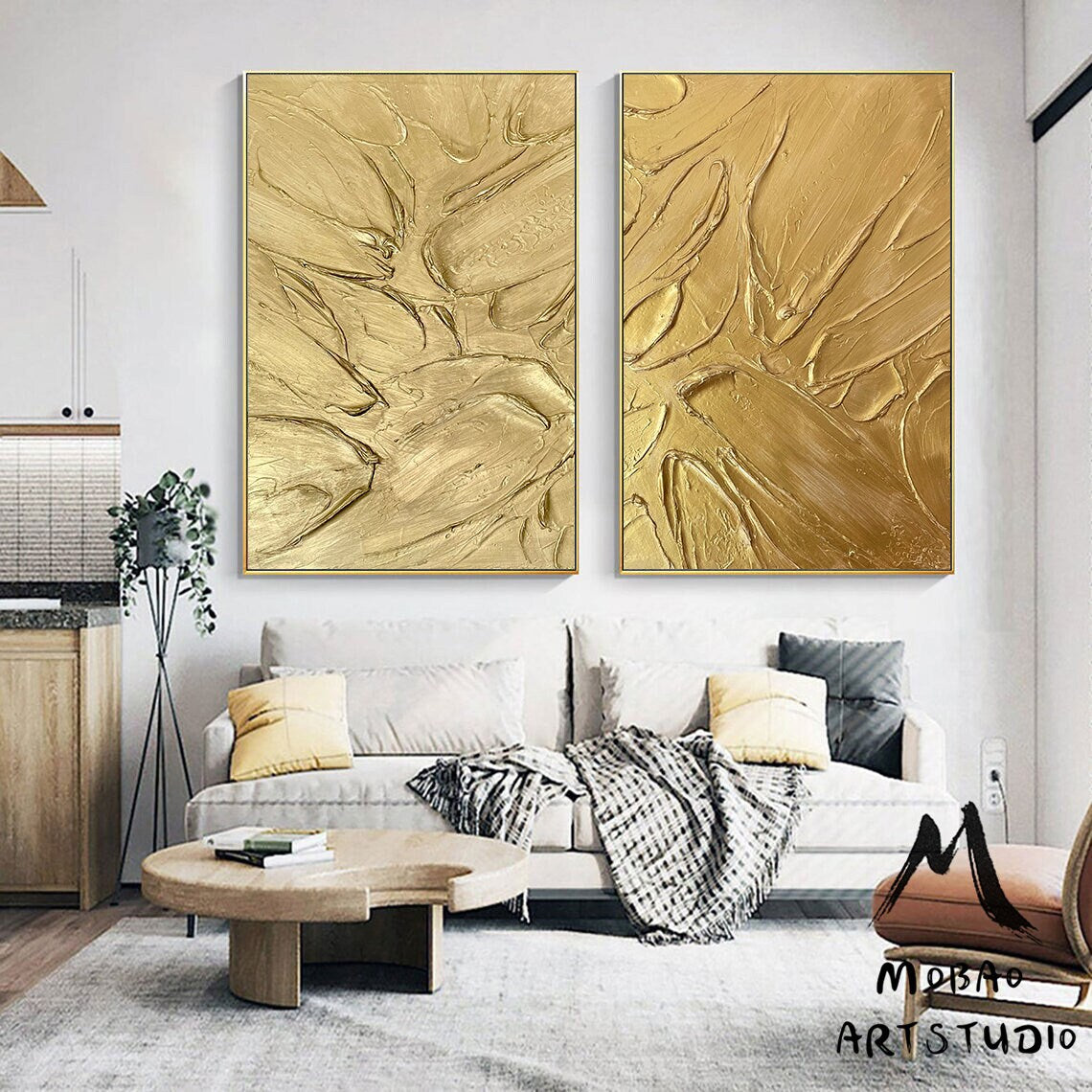 Original Gold 3D Textured Painting Set of 2 Gold Abstract Painting Gold Textured Wall Art Painting Gold Painting Set of 2 Gold Wall Art