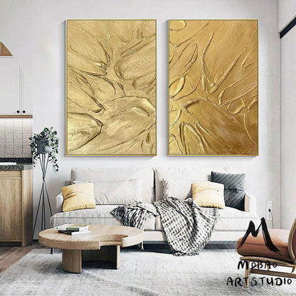 Original Gold 3D Textured Painting Set of 2 Gold Abstract Painting Gold Textured Wall Art Painting Gold Painting Set of 2 Gold Wall Art