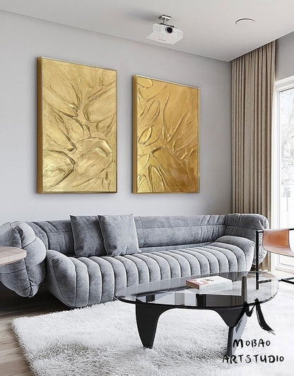 Original Gold 3D Textured Painting Set of 2 Gold Abstract Painting Gold Textured Wall Art Painting Gold Painting Set of 2 Gold Wall Art