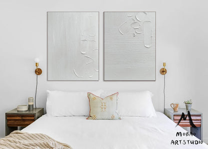 White 3D Textured Painting,White Abstract Painting,Set of 2 White Abstract Painting,White Textured Wall Art Painting,Set of 2 White Wall Art