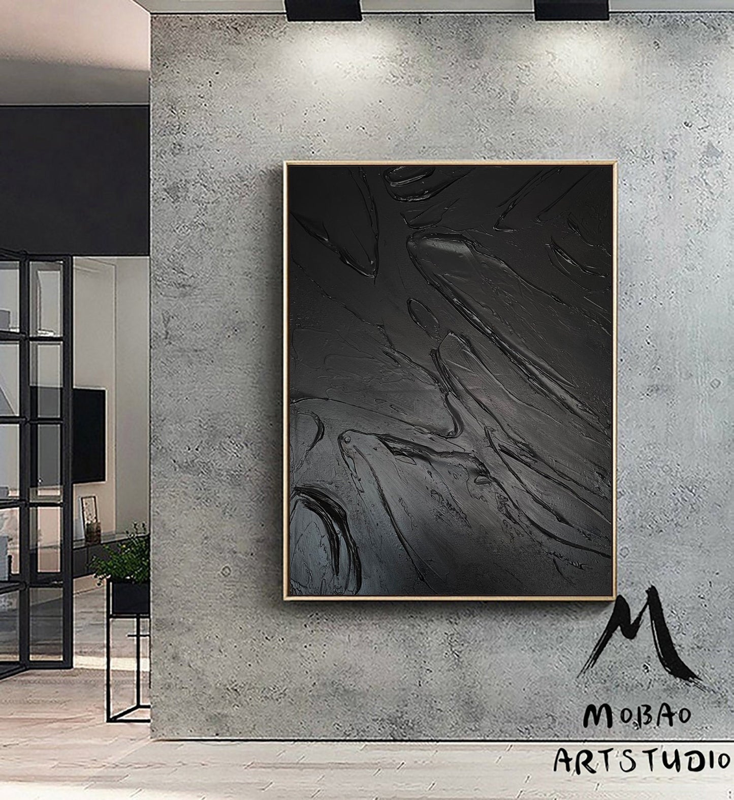 Large Black Abstract Painting Black Textured Wall Art Black Abstract Art Black 3D Wall Decor Black Wall Art Black Framed Abstract Art