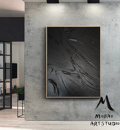 Large Black Abstract Painting Black Textured Wall Art Black Abstract Art Black 3D Wall Decor Black Wall Art Black Framed Abstract Art