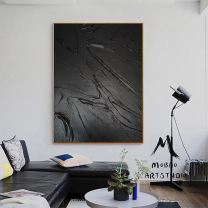 Large Black Abstract Painting Black Textured Wall Art Black Abstract Art Black 3D Wall Decor Black Wall Art Black Framed Abstract Art