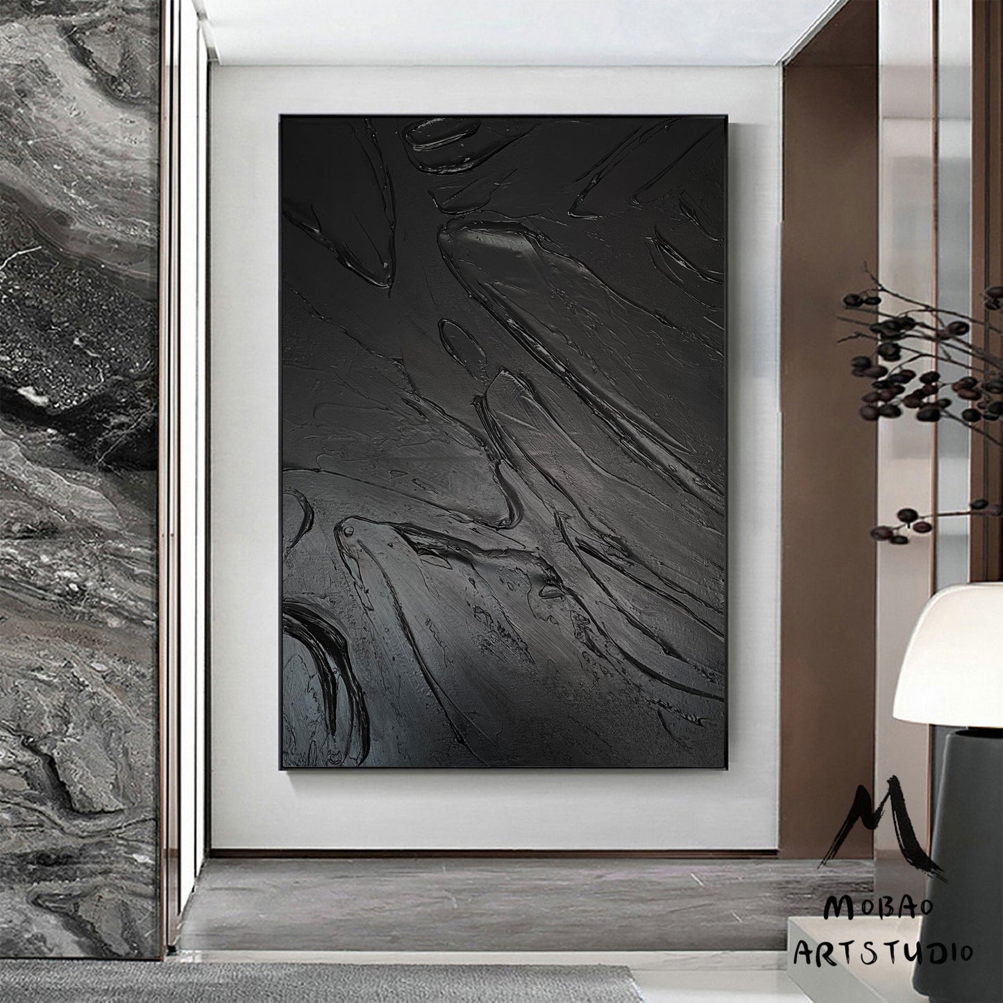 Large Black Abstract Painting Black Textured Wall Art Black Abstract Art Black 3D Wall Decor Black Wall Art Black Framed Abstract Art