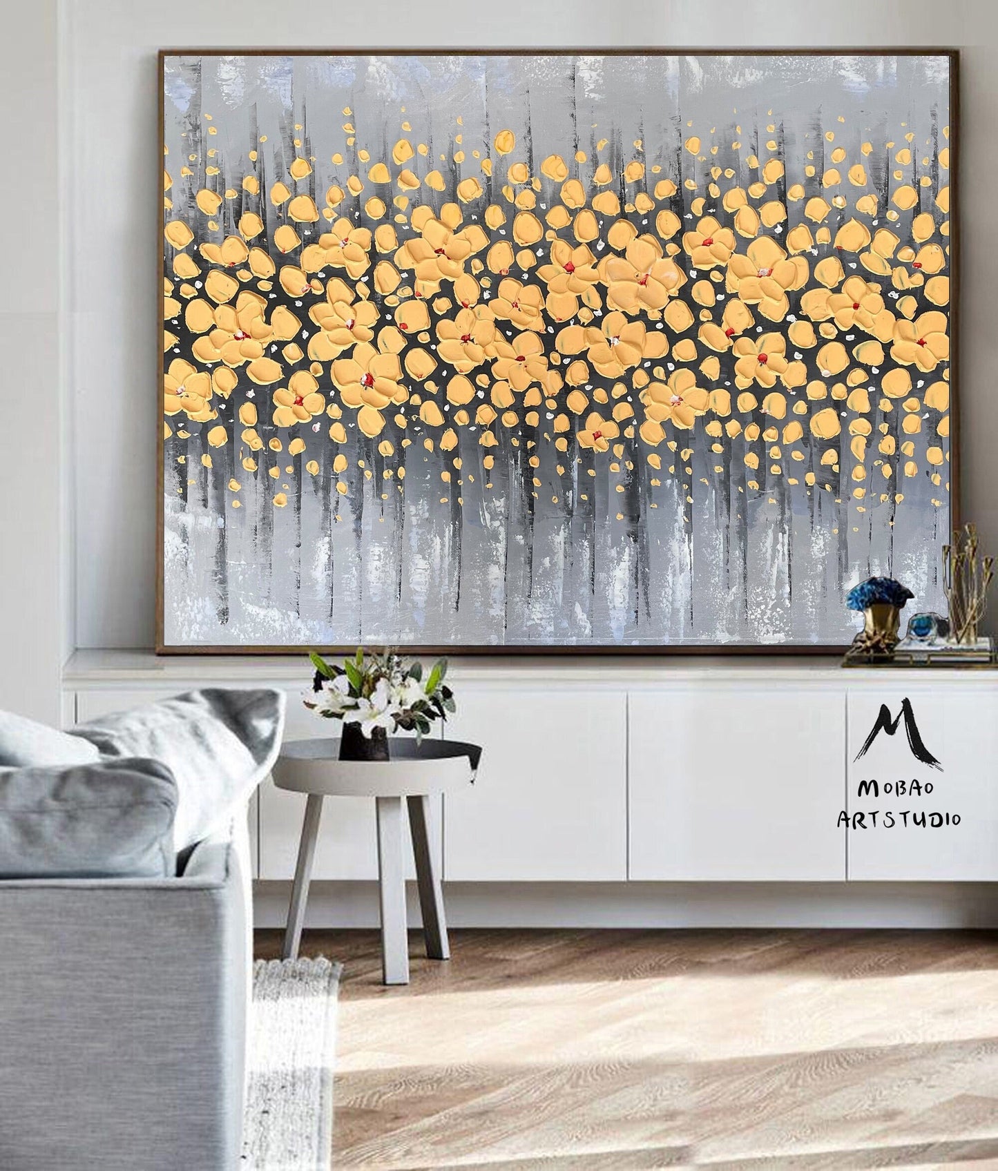 Original Yellow Cherry  Flower, Yellow Textured Art Painting,Flower Painting On Canvas, Large Wall Art,Large Textured Painting, Handmade Art