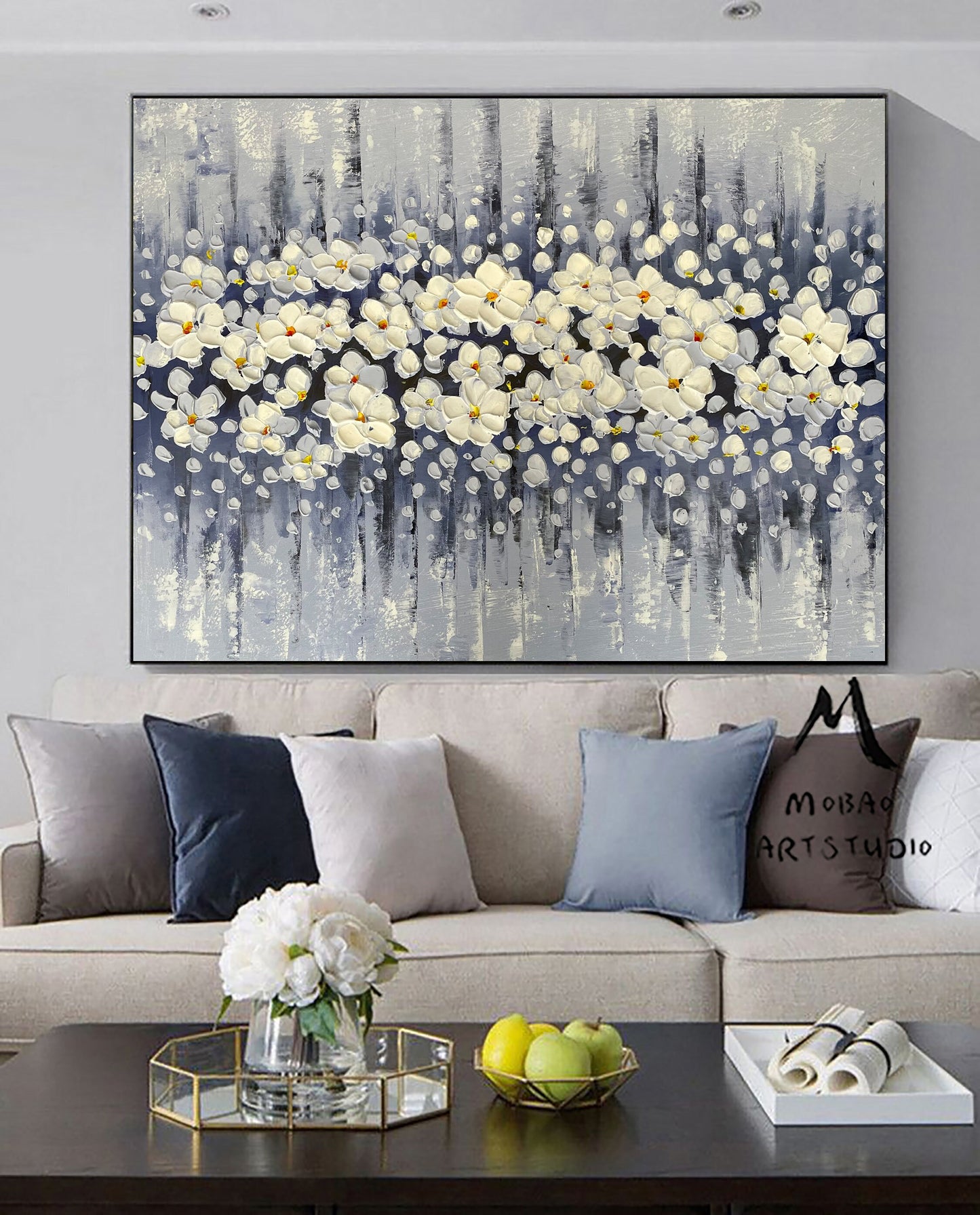 Original White Cherry  Flower, Large Wall Art, Palette Knife Painting, Beige Textured Art Painting,Flower Painting On Canvas, Handmade Art