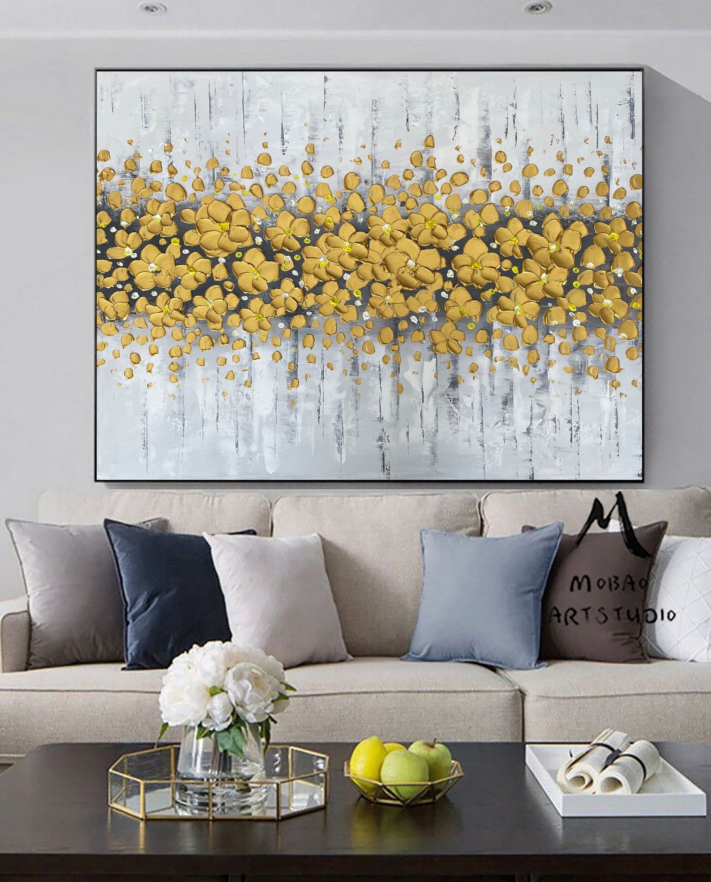 Gold 3D Oil Painting Flower On Canvas, Original White Cherry  Flower, Large Wall Art, Palette Knife Painting, Textured Painting,Handmade Art
