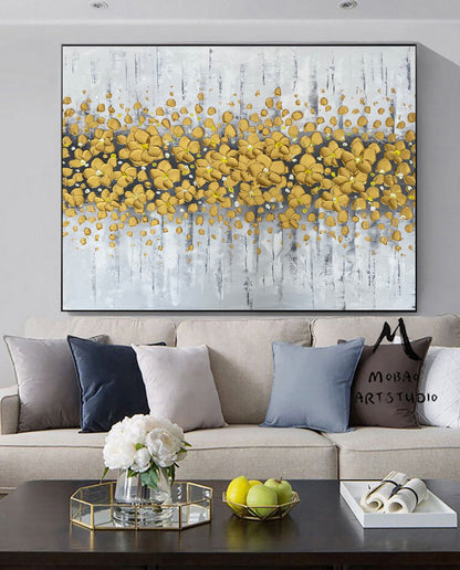 Gold 3D Oil Painting Flower On Canvas, Original White Cherry  Flower, Large Wall Art, Palette Knife Painting, Textured Painting,Handmade Art