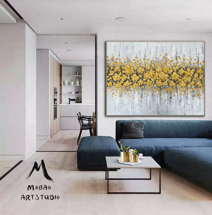 Gold 3D Oil Painting Flower On Canvas, Original White Cherry  Flower, Large Wall Art, Palette Knife Painting, Textured Painting,Handmade Art