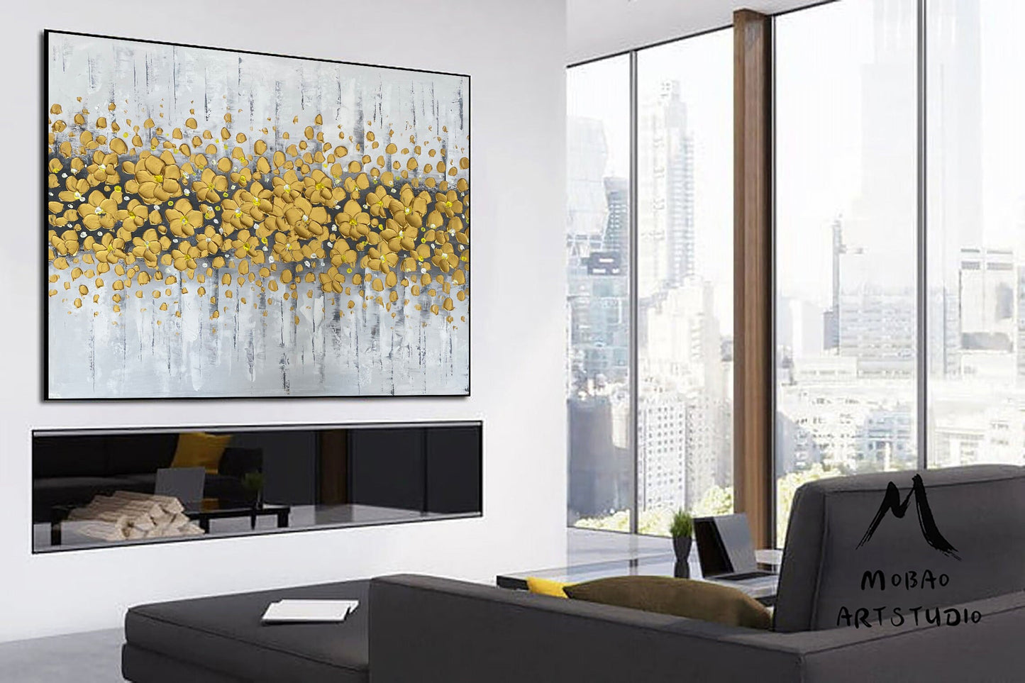 Gold 3D Oil Painting Flower On Canvas, Original White Cherry  Flower, Large Wall Art, Palette Knife Painting, Textured Painting,Handmade Art