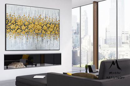 Gold 3D Oil Painting Flower On Canvas, Original White Cherry  Flower, Large Wall Art, Palette Knife Painting, Textured Painting,Handmade Art