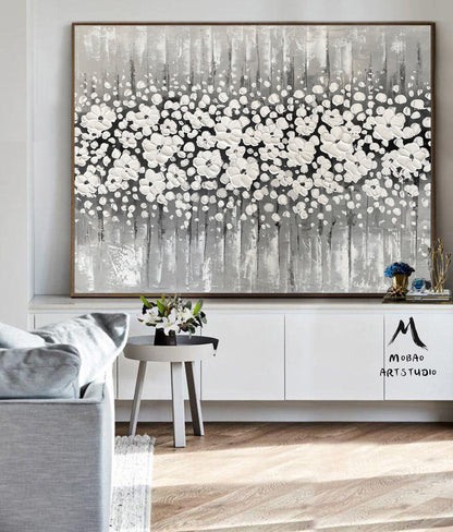 Original White Cherry  Flower, White 3D Textured Art Painting,Flower Painting On Canvas,Large Wall Art,Large Textured Painting, Handmade Art