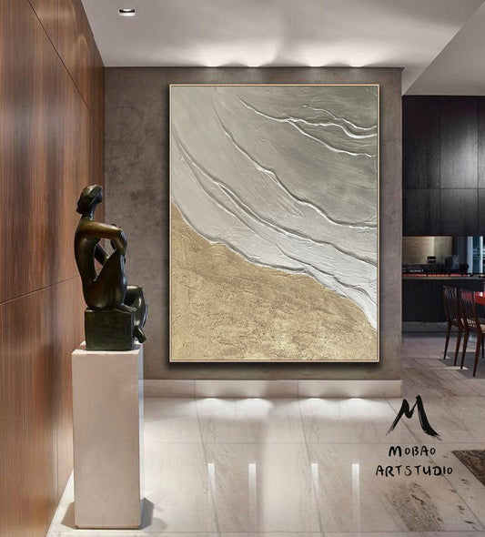 Original Gold Minimalist Painting, Large Abstract Painting, Silver 3D Textured Abstract Painting,Large Wall Canvas Painting Sofa Wall Art
