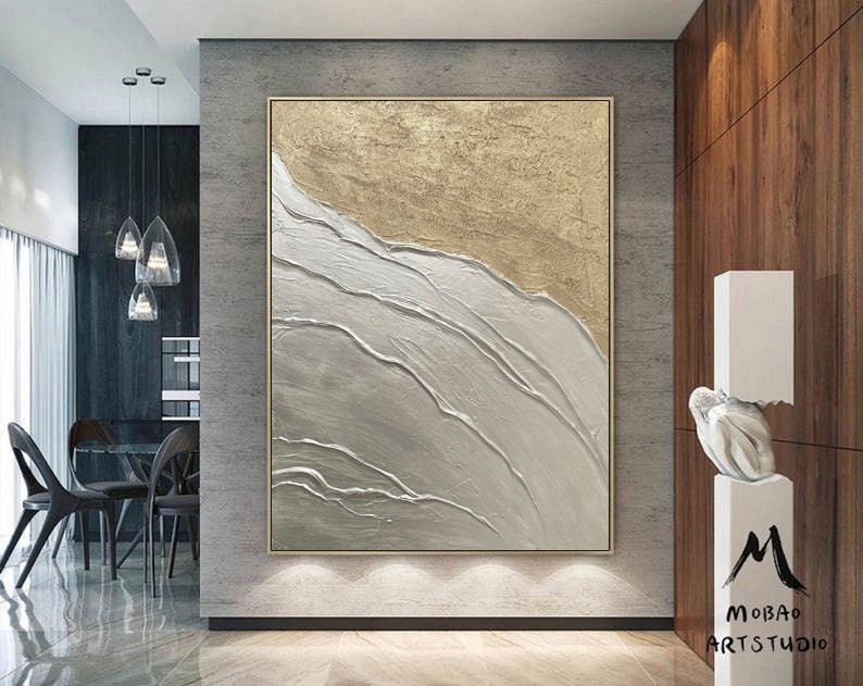 Large Abstract Painting, Silver 3D Textured Abstract Painting,Original Gold Minimalist Painting, Large Wall Canvas Painting Sofa Wall Art