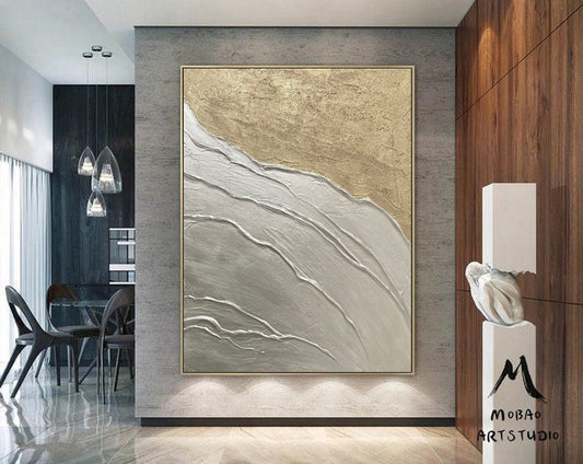 Large Abstract Painting, Silver 3D Textured Abstract Painting,Original Gold Minimalist Painting, Large Wall Canvas Painting Sofa Wall Art