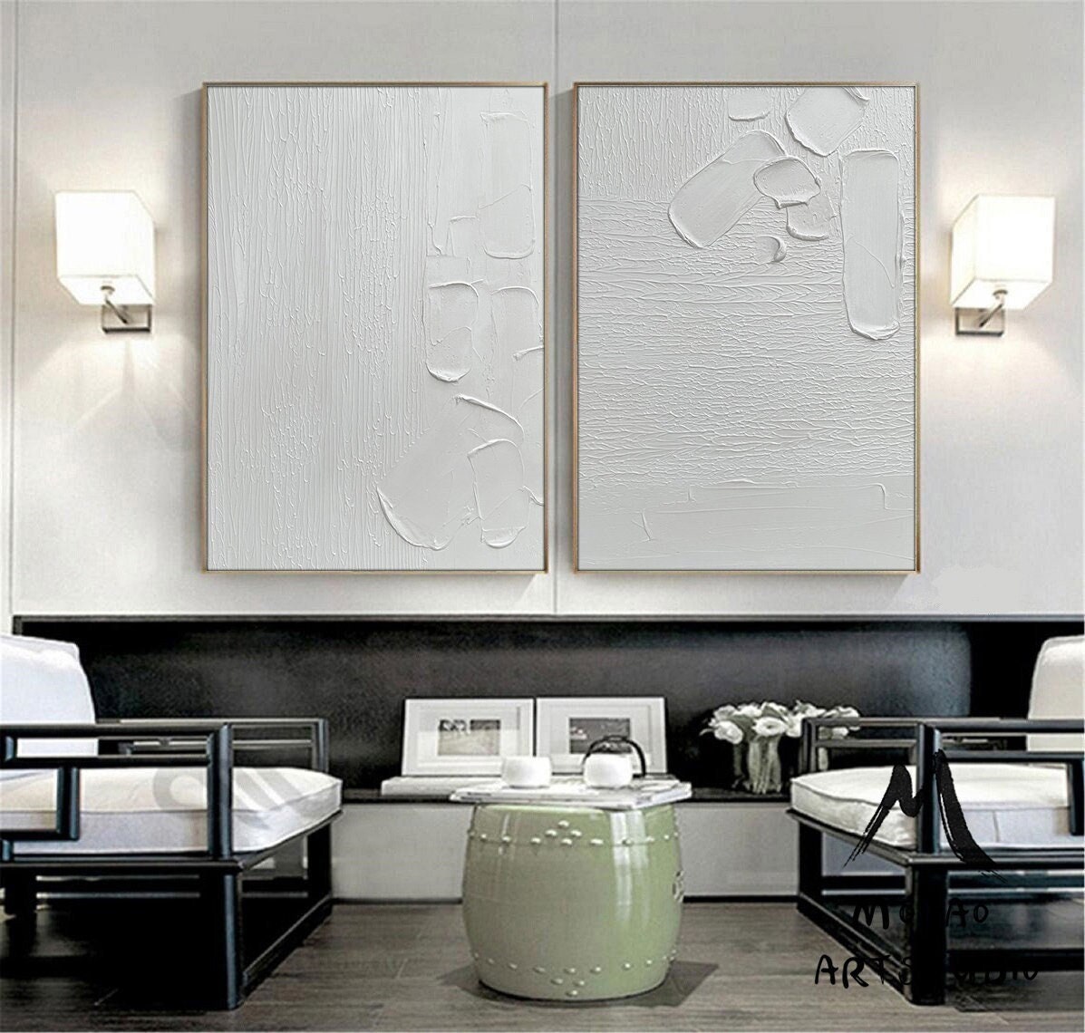 White 3D Textured Painting,White Abstract Painting,Set of 2 White Abstract Painting,White Textured Wall Art Painting,Set of 2 White Wall Art