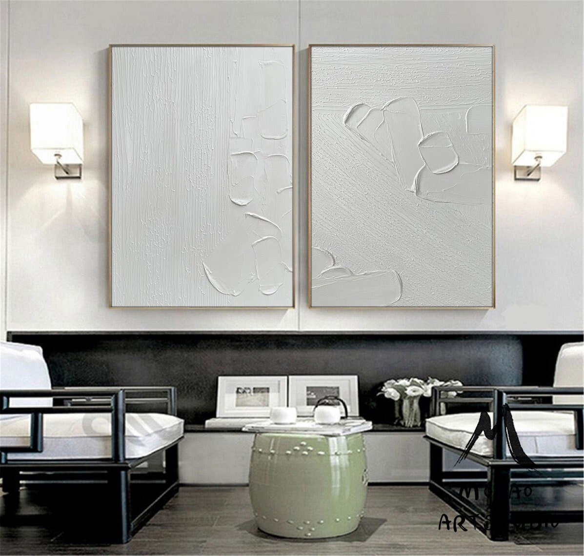 White Textured Wall Art Painting,White Abstract Painting,White 3D Textured Painting,Set of 2 White Abstract Painting,Set of 2 White Wall Art