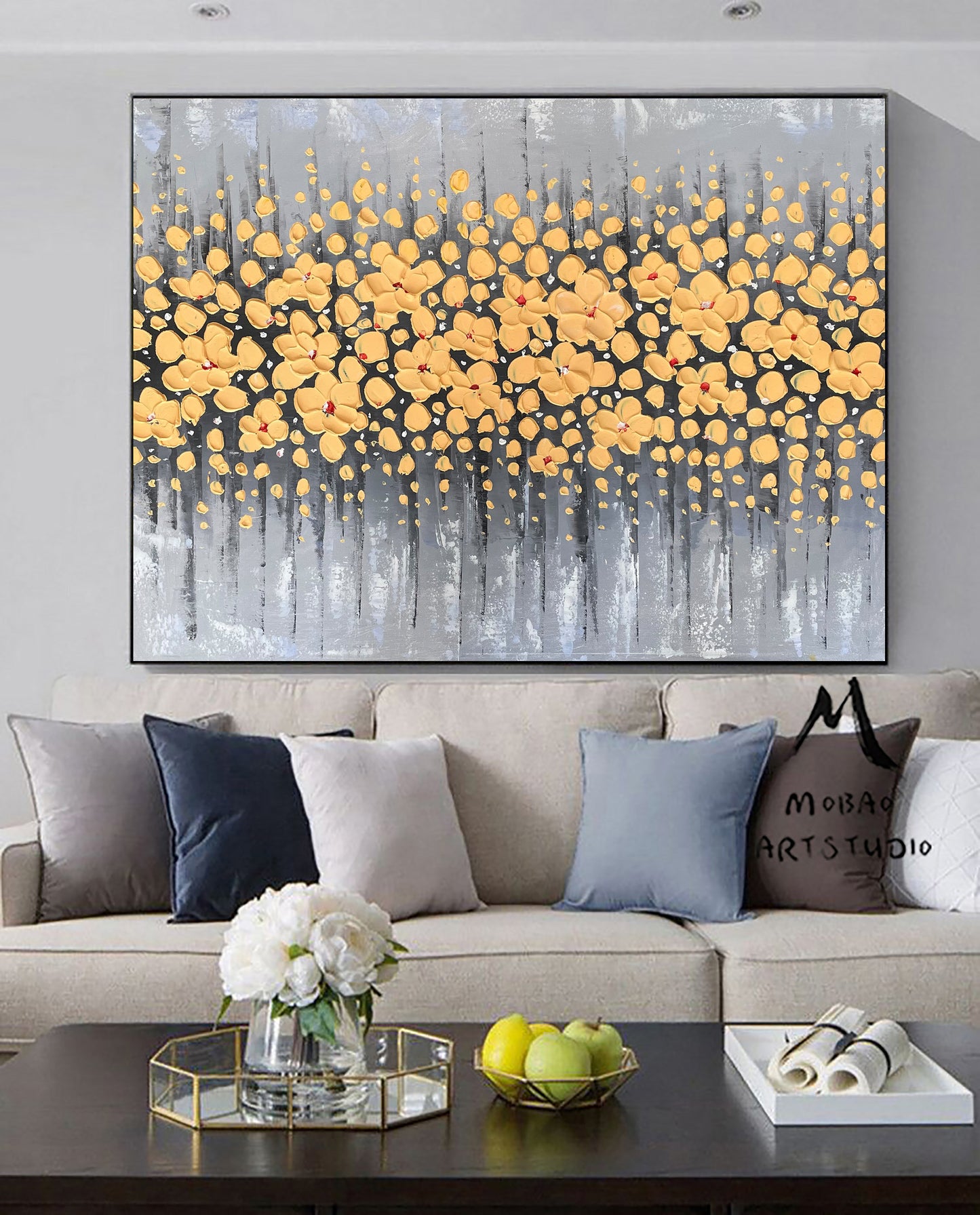 Original Yellow Cherry  Flower, Yellow Textured Art Painting,Flower Painting On Canvas, Large Wall Art,Large Textured Painting, Handmade Art