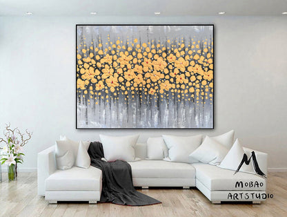 Original Yellow Cherry  Flower, Yellow Textured Art Painting,Flower Painting On Canvas, Large Wall Art,Large Textured Painting, Handmade Art