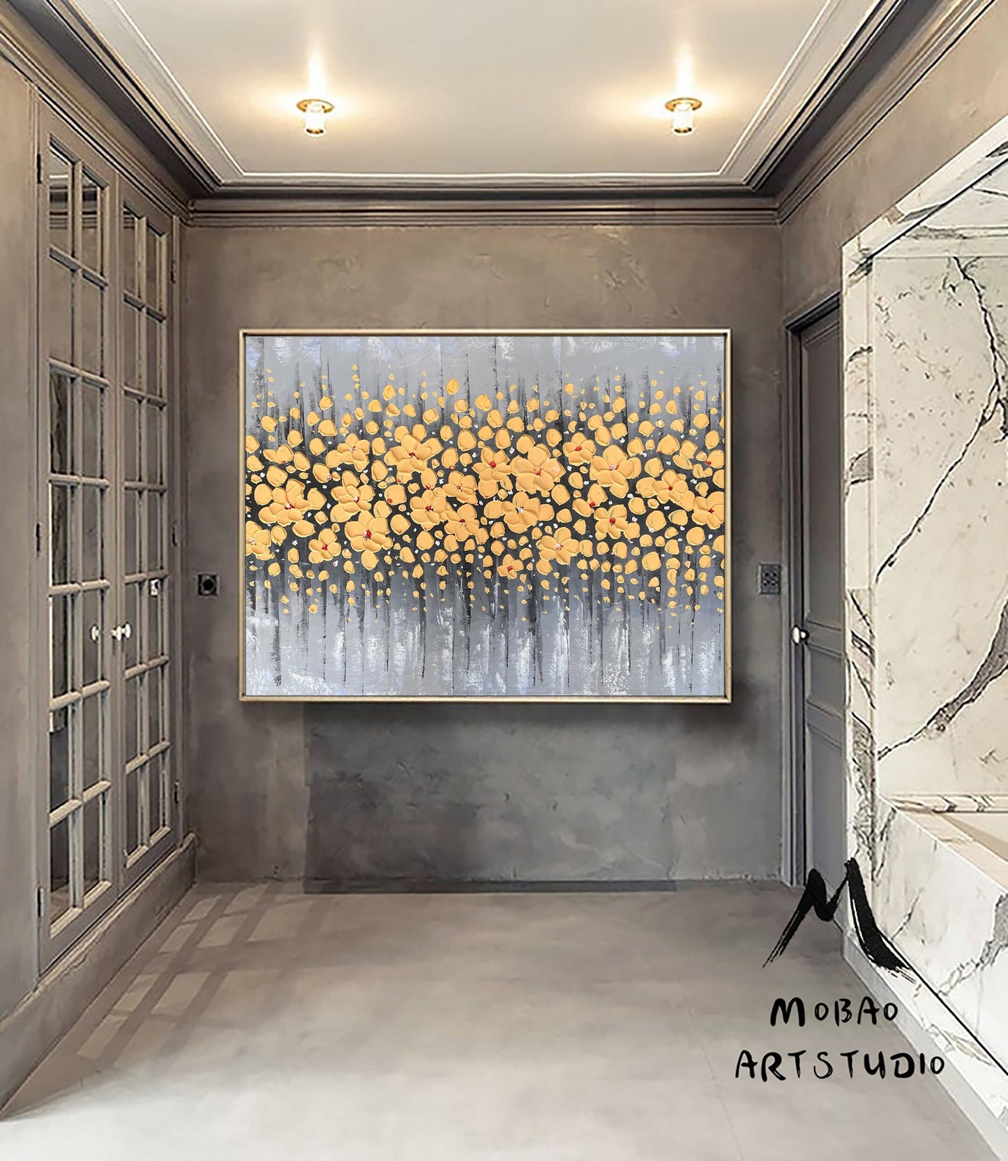 Original Yellow Cherry  Flower, Yellow Textured Art Painting,Flower Painting On Canvas, Large Wall Art,Large Textured Painting, Handmade Art