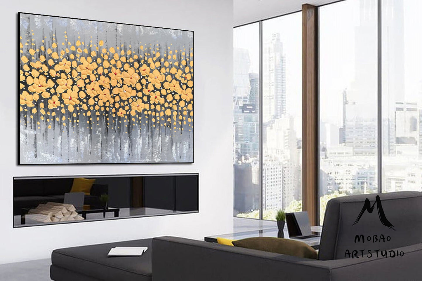 Original Yellow Cherry  Flower, Yellow Textured Art Painting,Flower Painting On Canvas, Large Wall Art,Large Textured Painting, Handmade Art