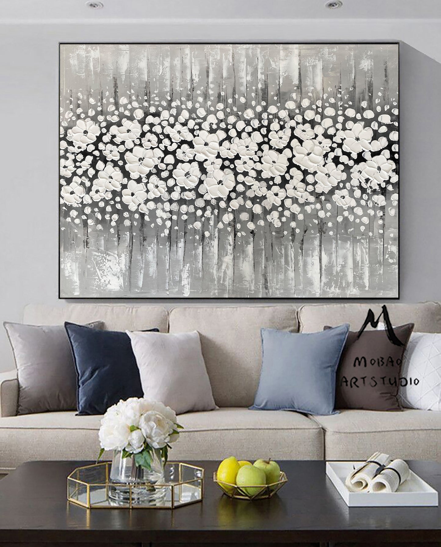 Original White Cherry  Flower, White 3D Textured Art Painting,Flower Painting On Canvas,Large Wall Art,Large Textured Painting, Handmade Art