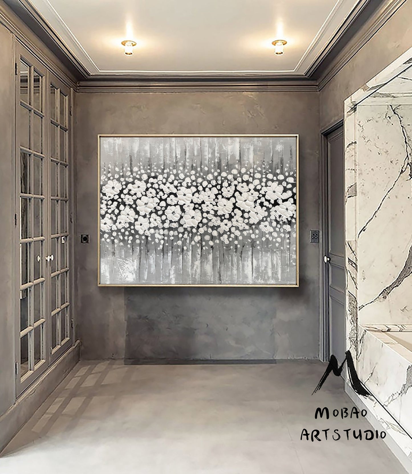 Original White Cherry  Flower, White 3D Textured Art Painting,Flower Painting On Canvas,Large Wall Art,Large Textured Painting, Handmade Art