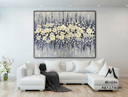 Original White Cherry  Flower, Large Wall Art, Palette Knife Painting, Beige Textured Art Painting,Flower Painting On Canvas, Handmade Art