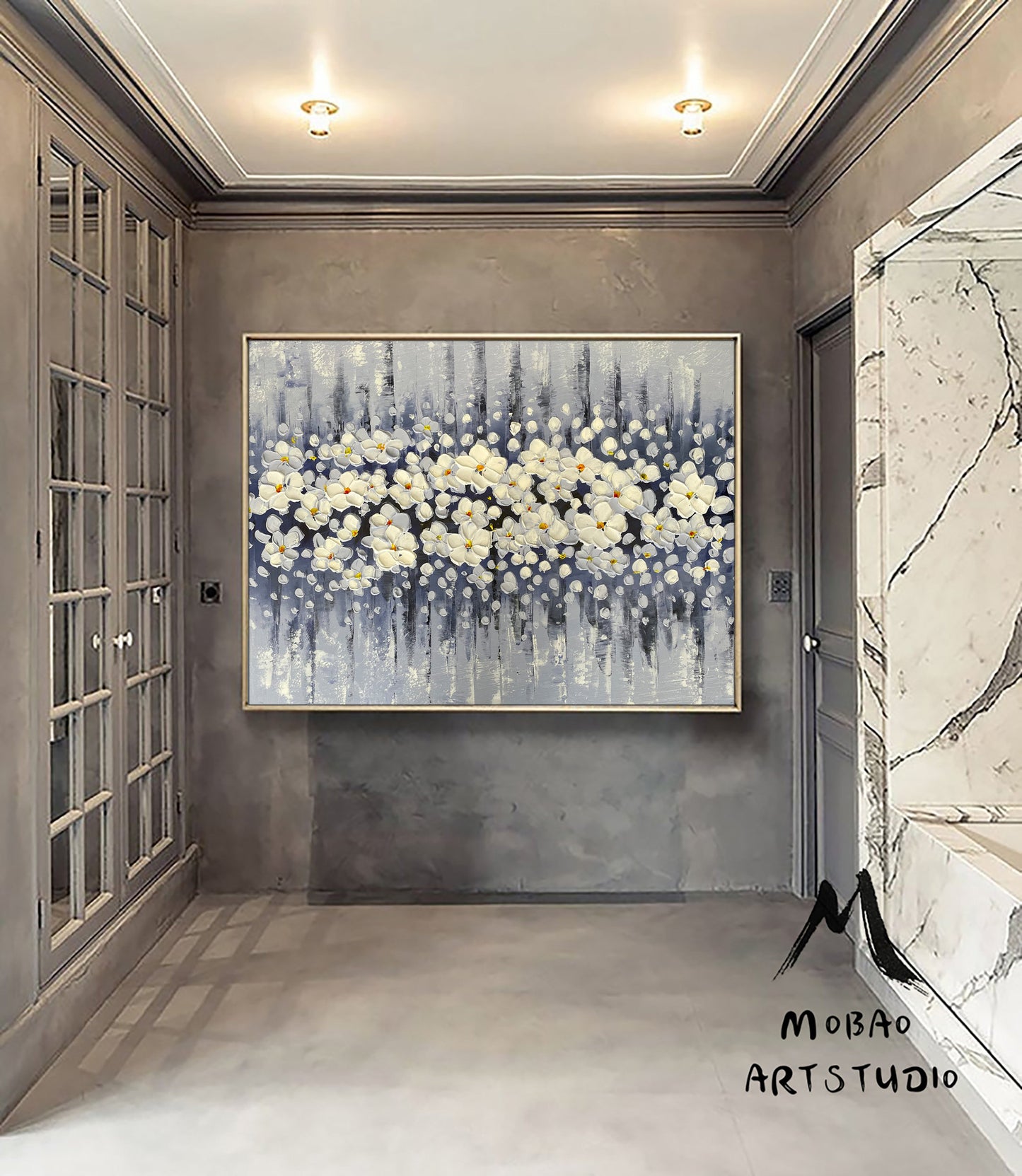 Original White Cherry  Flower, Large Wall Art, Palette Knife Painting, Beige Textured Art Painting,Flower Painting On Canvas, Handmade Art