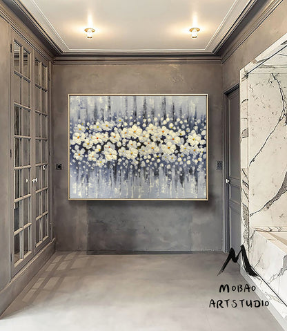 Original White Cherry  Flower, Large Wall Art, Palette Knife Painting, Beige Textured Art Painting,Flower Painting On Canvas, Handmade Art