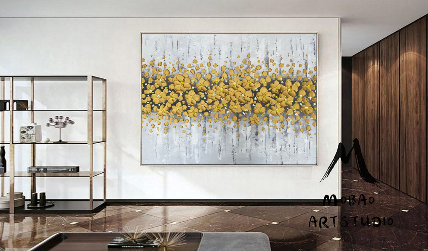 Gold 3D Oil Painting Flower On Canvas, Original White Cherry  Flower, Large Wall Art, Palette Knife Painting, Textured Painting,Handmade Art