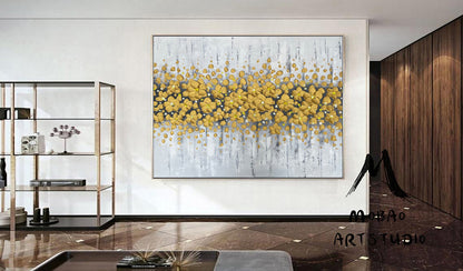 Gold 3D Oil Painting Flower On Canvas, Original White Cherry  Flower, Large Wall Art, Palette Knife Painting, Textured Painting,Handmade Art