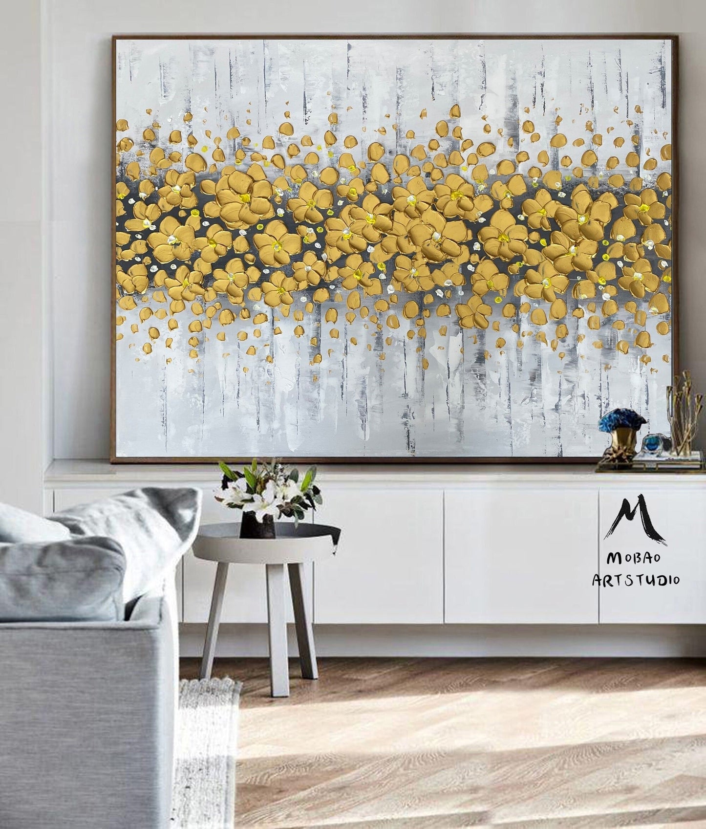 Gold 3D Oil Painting Flower On Canvas, Original White Cherry  Flower, Large Wall Art, Palette Knife Painting, Textured Painting,Handmade Art