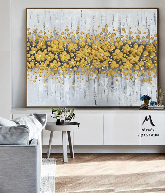 Gold 3D Oil Painting Flower On Canvas, Original White Cherry  Flower, Large Wall Art, Palette Knife Painting, Textured Painting,Handmade Art