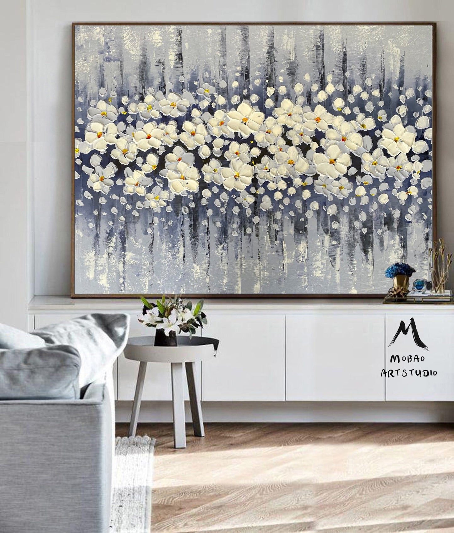 Original White Cherry  Flower, Large Wall Art, Palette Knife Painting, Beige Textured Art Painting,Flower Painting On Canvas, Handmade Art