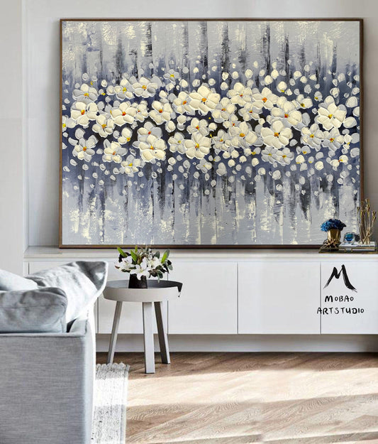 Original White Cherry  Flower, Large Wall Art, Palette Knife Painting, Beige Textured Art Painting,Flower Painting On Canvas, Handmade Art