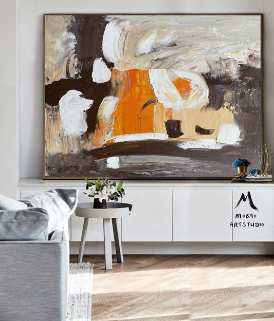 White Textured Wall Art Brown and White Abstract Art Brown and White Painting White Minimalist Painting Wall Art Orange Abstract Painting