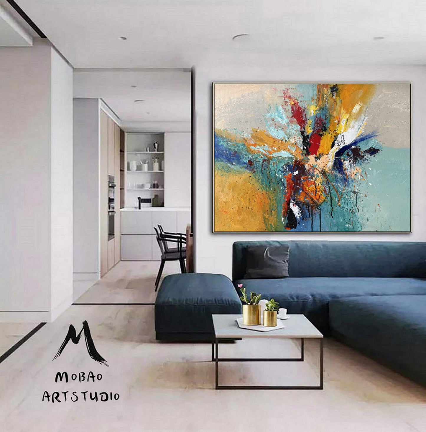 Large Abstract Painting,Blue Painting Gold Painting Original Color Large Texture Abstract Painting,Large Wall Canvas Painting Sofa Wall Art