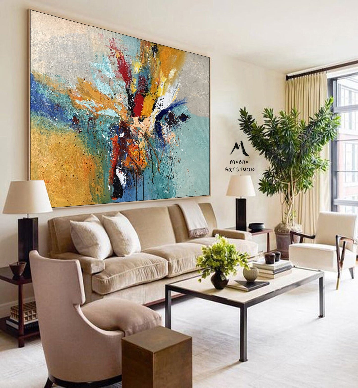 Large Abstract Painting,Blue Painting Gold Painting Original Color Large Texture Abstract Painting,Large Wall Canvas Painting Sofa Wall Art