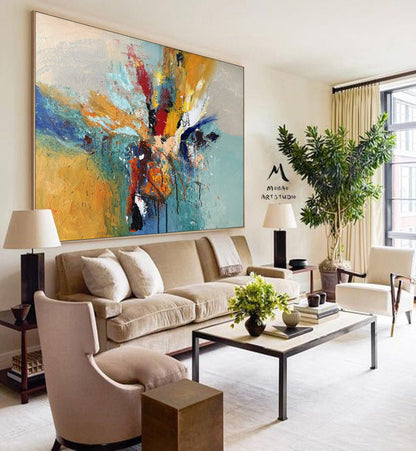 Large Abstract Painting,Blue Painting Gold Painting Original Color Large Texture Abstract Painting,Large Wall Canvas Painting Sofa Wall Art