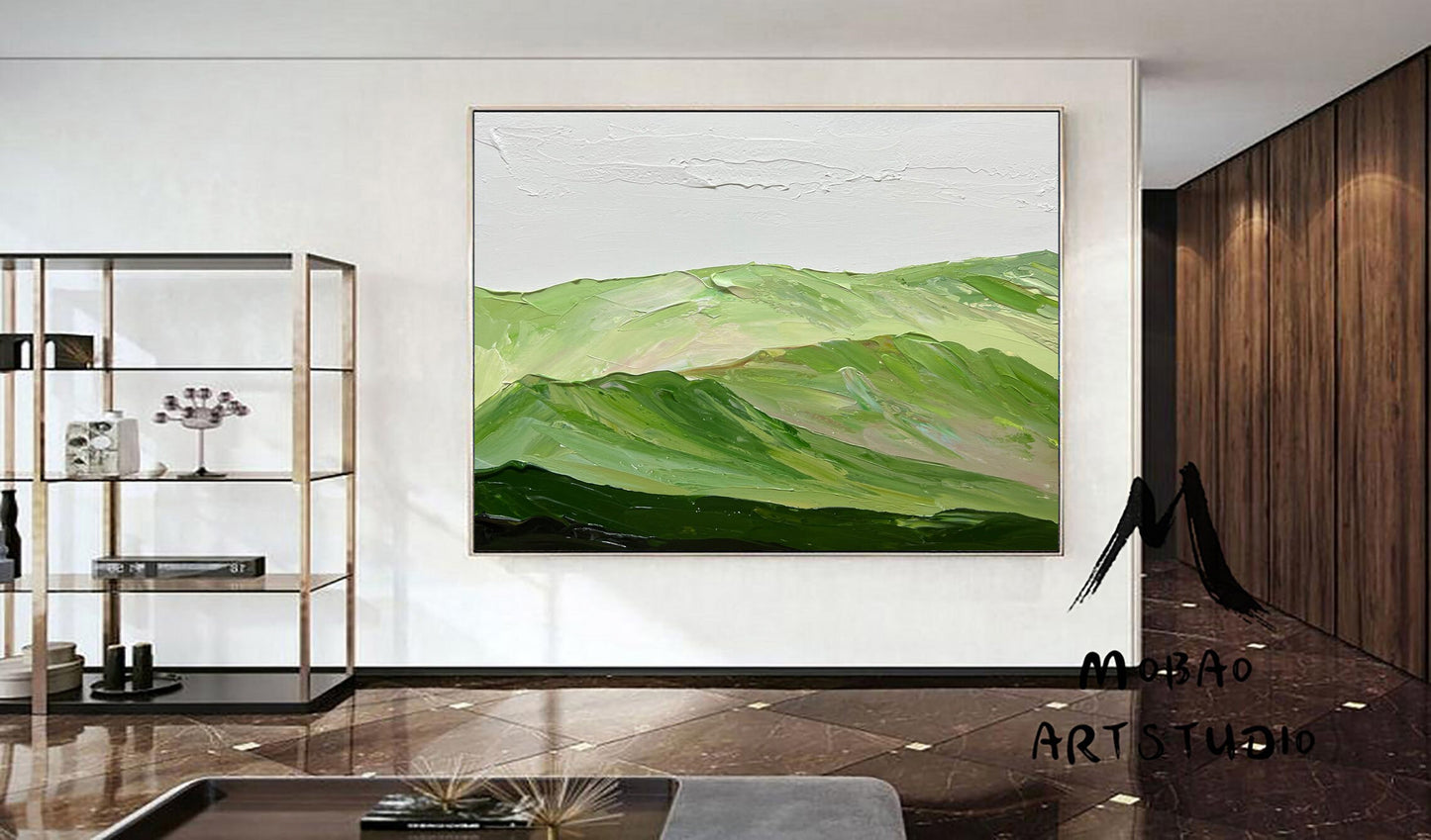 Light green landscape painting Green Abstract wall art Green Mountains landscape art Cloud texture Abstract Painting Sage green Abstract art