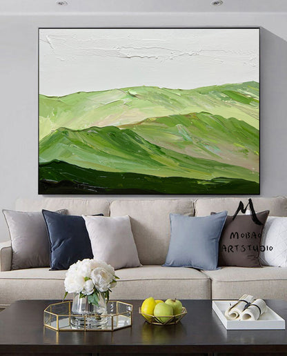 Light green landscape painting Green Abstract wall art Green Mountains landscape art Cloud texture Abstract Painting Sage green Abstract art
