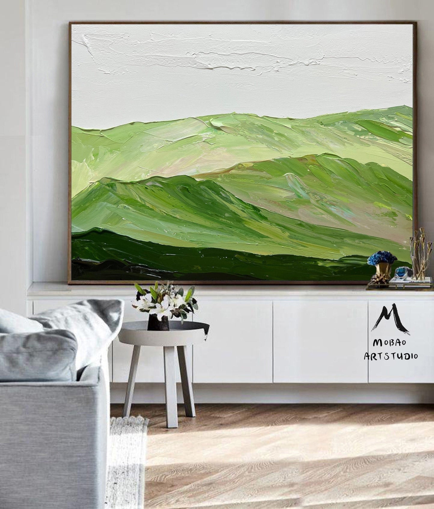 Light green landscape painting Green Abstract wall art Green Mountains landscape art Cloud texture Abstract Painting Sage green Abstract art