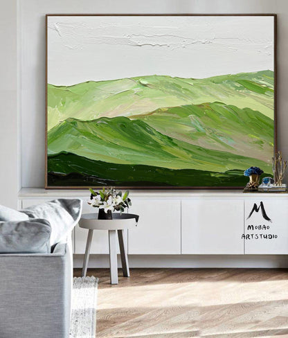 Light green landscape painting Green Abstract wall art Green Mountains landscape art Cloud texture Abstract Painting Sage green Abstract art