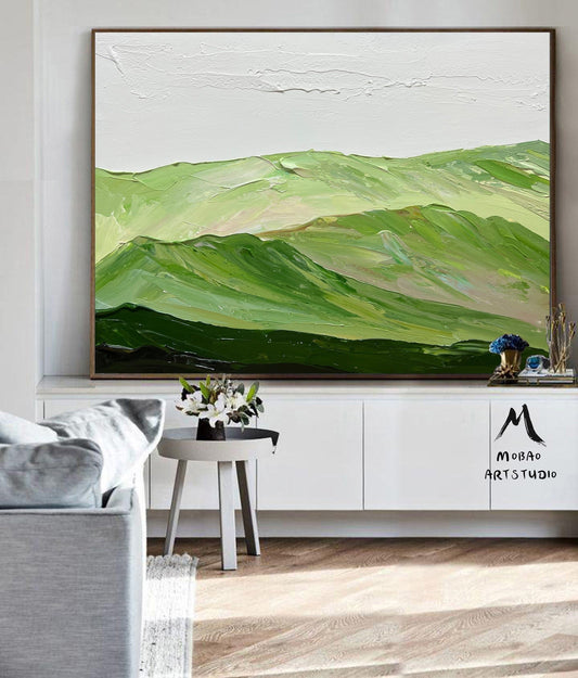 Light green landscape painting Green Abstract wall art Green Mountains landscape art Cloud texture Abstract Painting Sage green Abstract art
