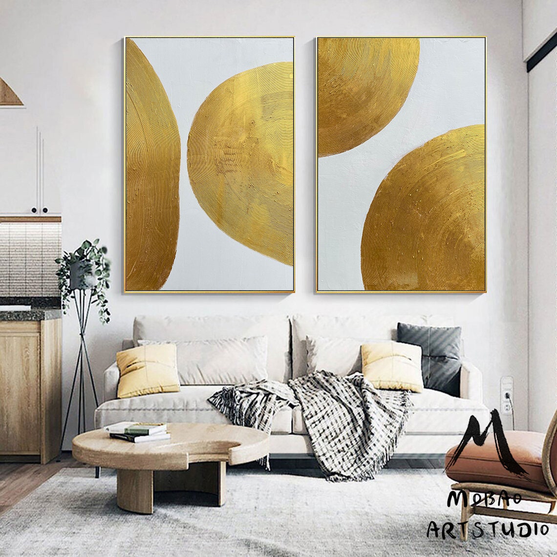 Gold Minimalist Abstract Painting Set of 2 Gold leaf Art White 3D Minimalist Painting Set of 2 White Abstract Painting Living Room Wall Art