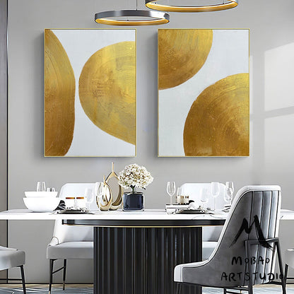 Gold Minimalist Abstract Painting Set of 2 Gold leaf Art White 3D Minimalist Painting Set of 2 White Abstract Painting Living Room Wall Art