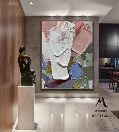 Original Abstract Painting White Textured Painting White 3D Texture Art Painting Pink Minimalist Wall Art Large Abstract Canvas Art Wall Art