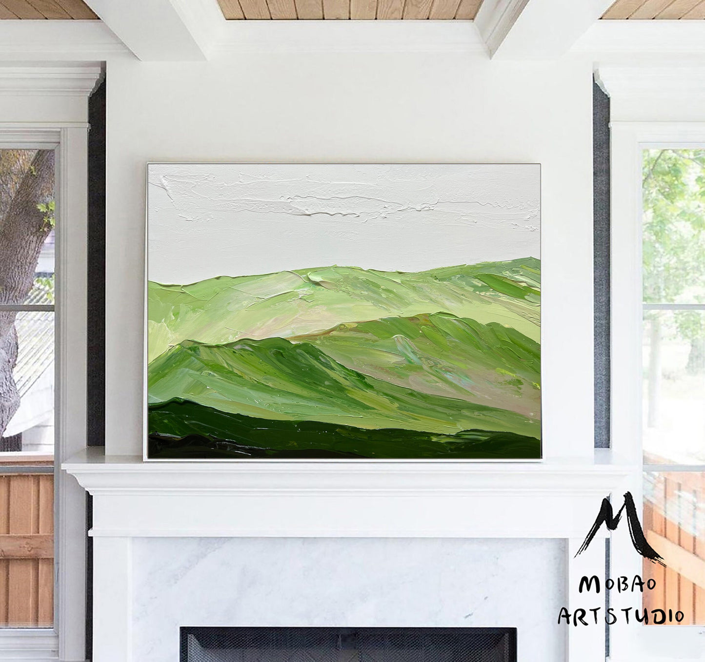 Light green landscape painting Green Abstract wall art Green Mountains landscape art Cloud texture Abstract Painting Sage green Abstract art
